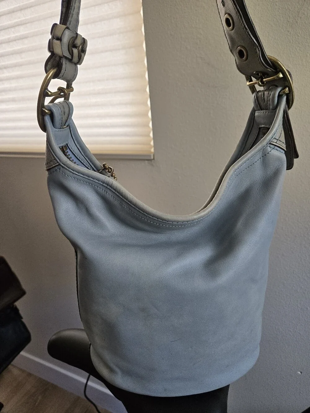 Coach 11422 Bleecker Tattersall Hobo Bag Duffle Purse Blue Leather Bleeker